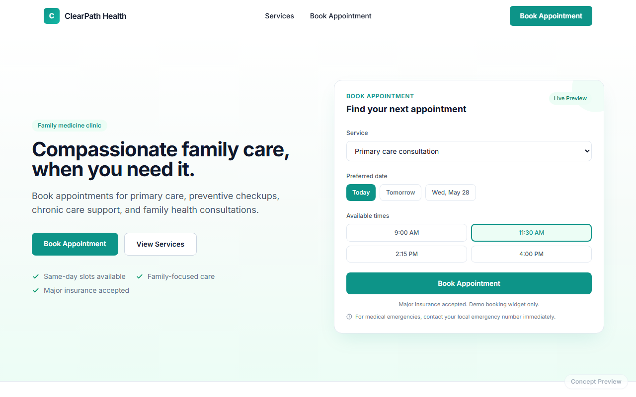 Healthcare clinic website concept with clean trust-focused design