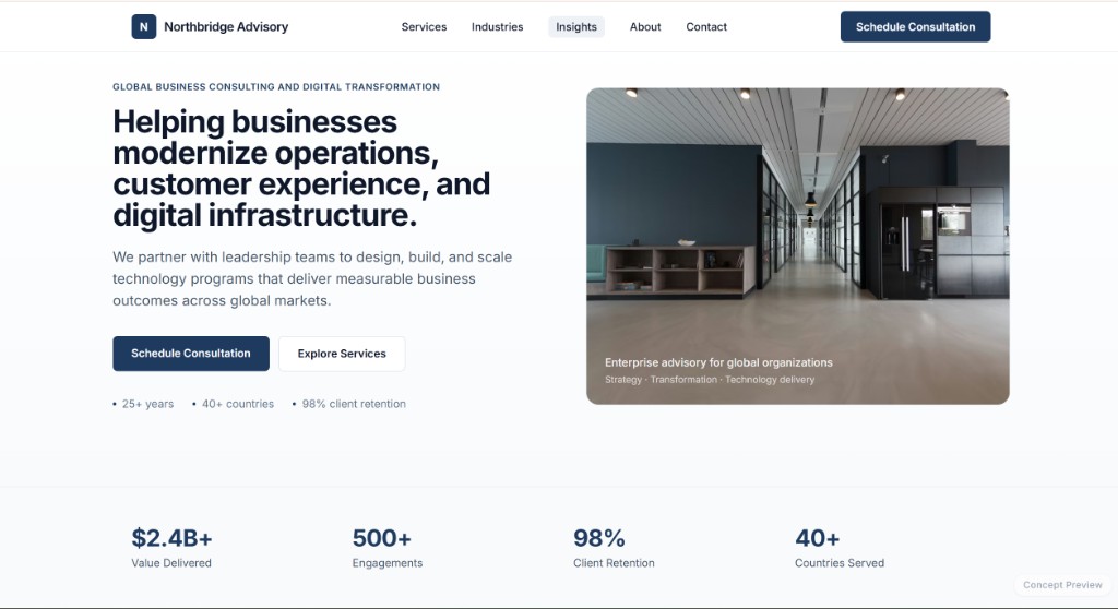 Corporate business website concept with professional minimal layout