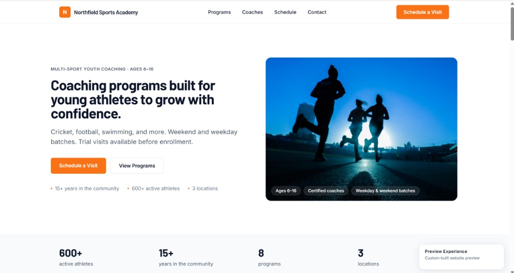 Sports academy website concept with energetic visual layout